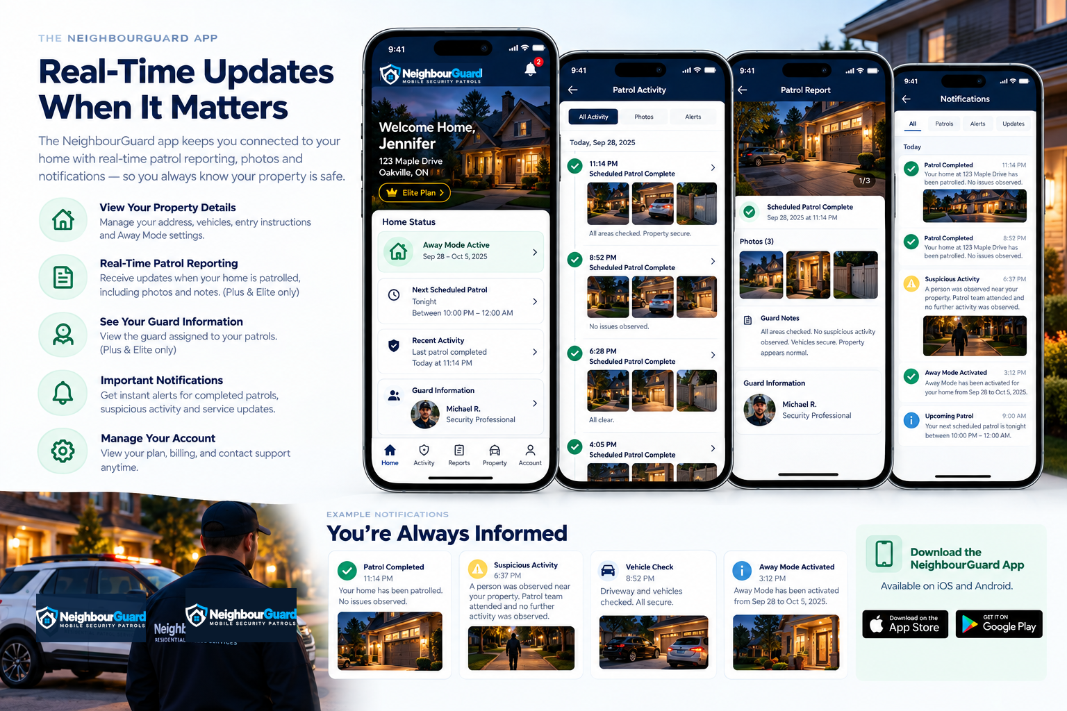 NeighbourGuard app showing patrol activity and reports
